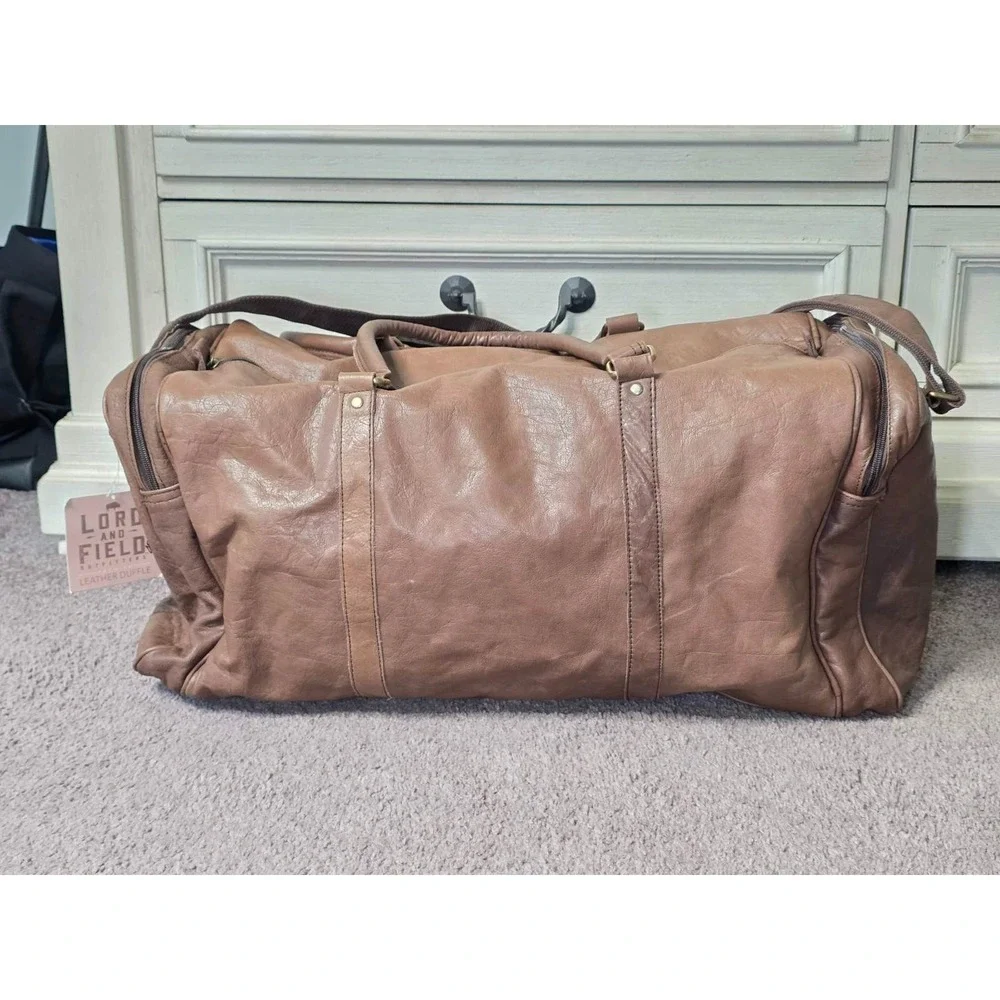 Lord And‎ Field Large Duffel Bag Brown Leather Fuzzy Lining Adjustable Travel